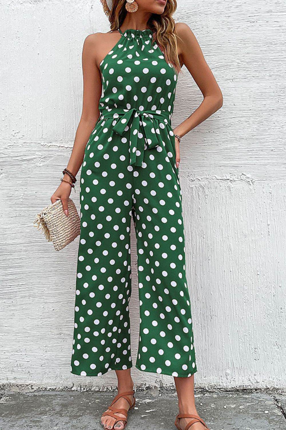 Perfee Polka Dot Grecian Wide Leg Jumpsuit - Selvanelle