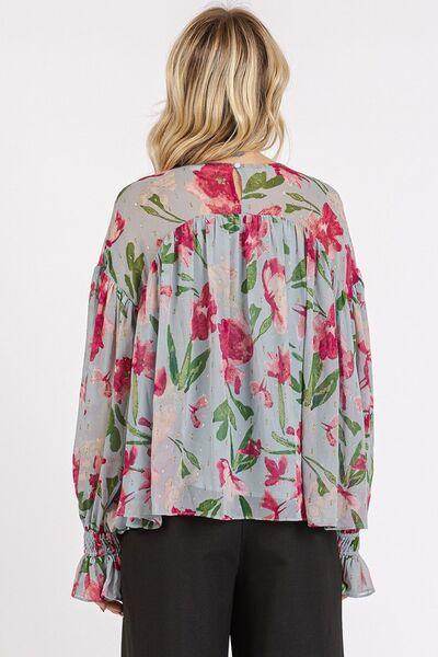 Mittoshop Floral Round Neck Flounce Sleeve Blouse for Women - Selvanelle