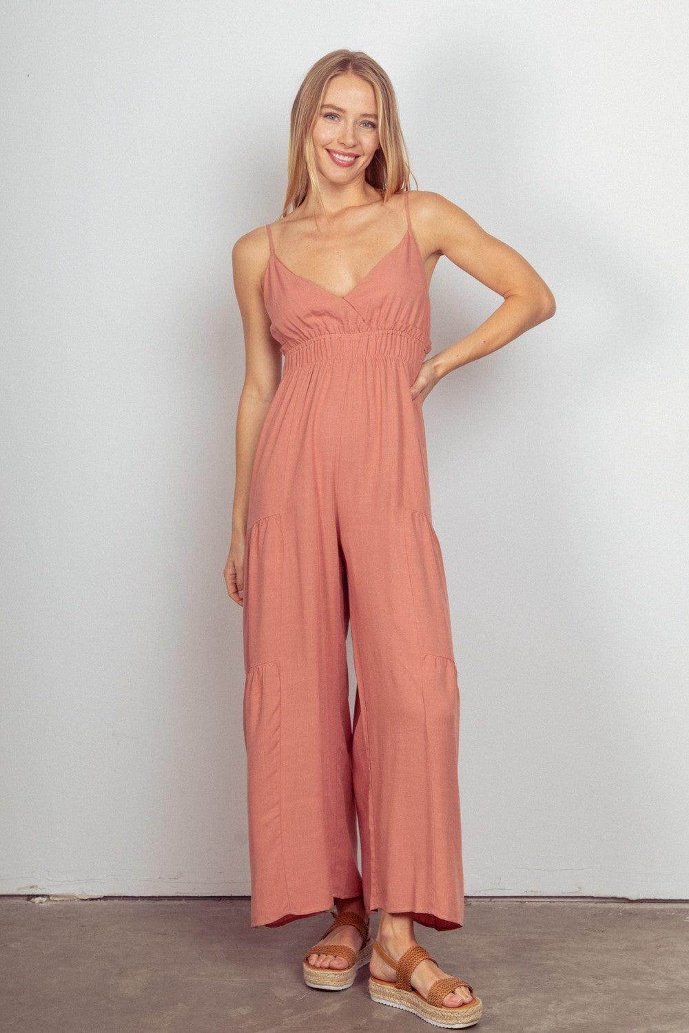 Very J Sleeveless Ruched Wide Leg Jumpsuit for Women - Selvanelle