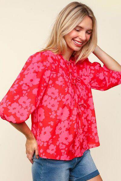 Haptics Full Size Ribbon Bow Floral Balloon Sleeve Blouse - Selvanelle
