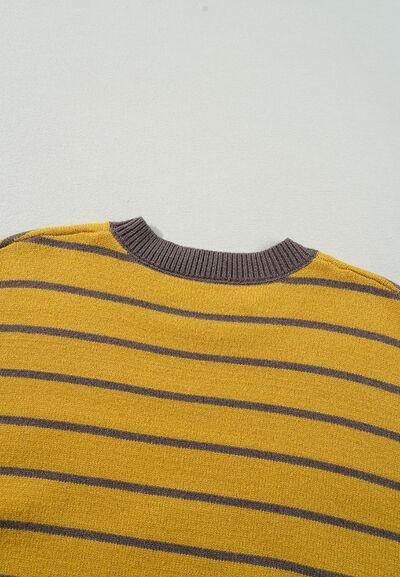 Flower Stripe Round Neck Long Sleeve Sweater for Women - Selvanelle