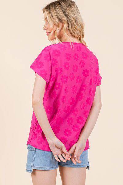BOMBOM Textured Floral Pattern Short Sleeve T-Shirt for Women - Selvanelle