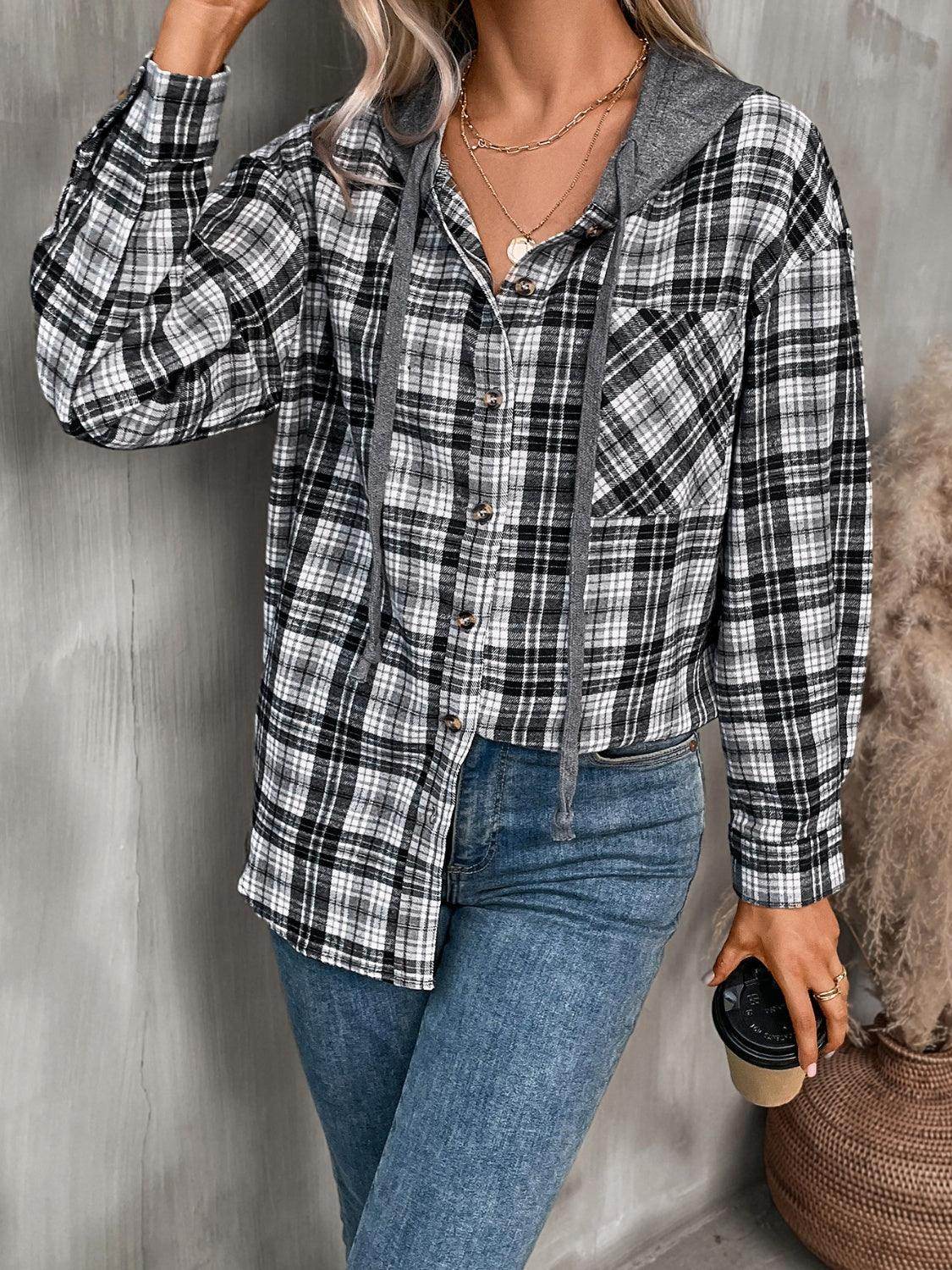 Plaid Long Sleeve Hooded Jacket for Women with Pockets - Selvanelle