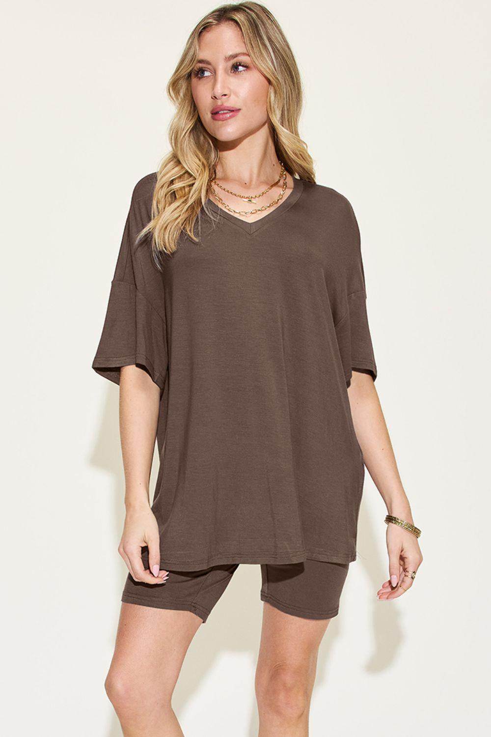 Basic Bae Full Size V-Neck Drop Shoulder T-Shirt Set - Selvanelle