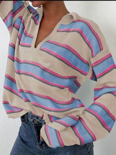 Johnny Collar Long Sleeve Stripe Sweater for Women - Selvanelle