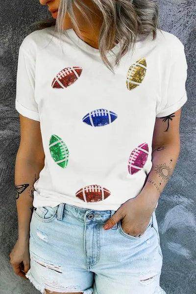 Sequin Football Round Neck Short Sleeve T-Shirt for Women - Selvanelle