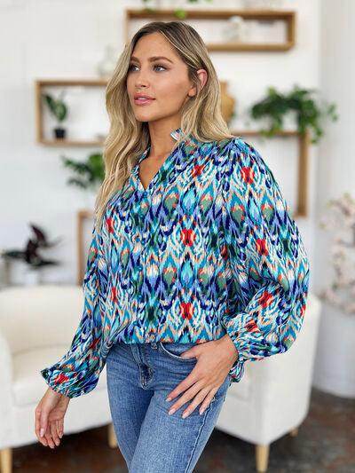 Double Take Full Size Printed Balloon Sleeve Blouse for Women - Selvanelle