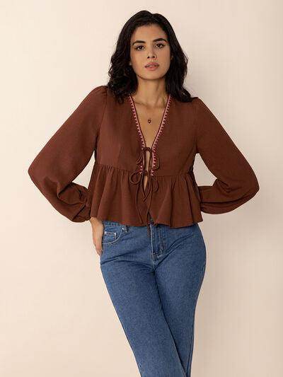Peplum Tied V-Neck Long Sleeve Blouse for Women - Selvanelle