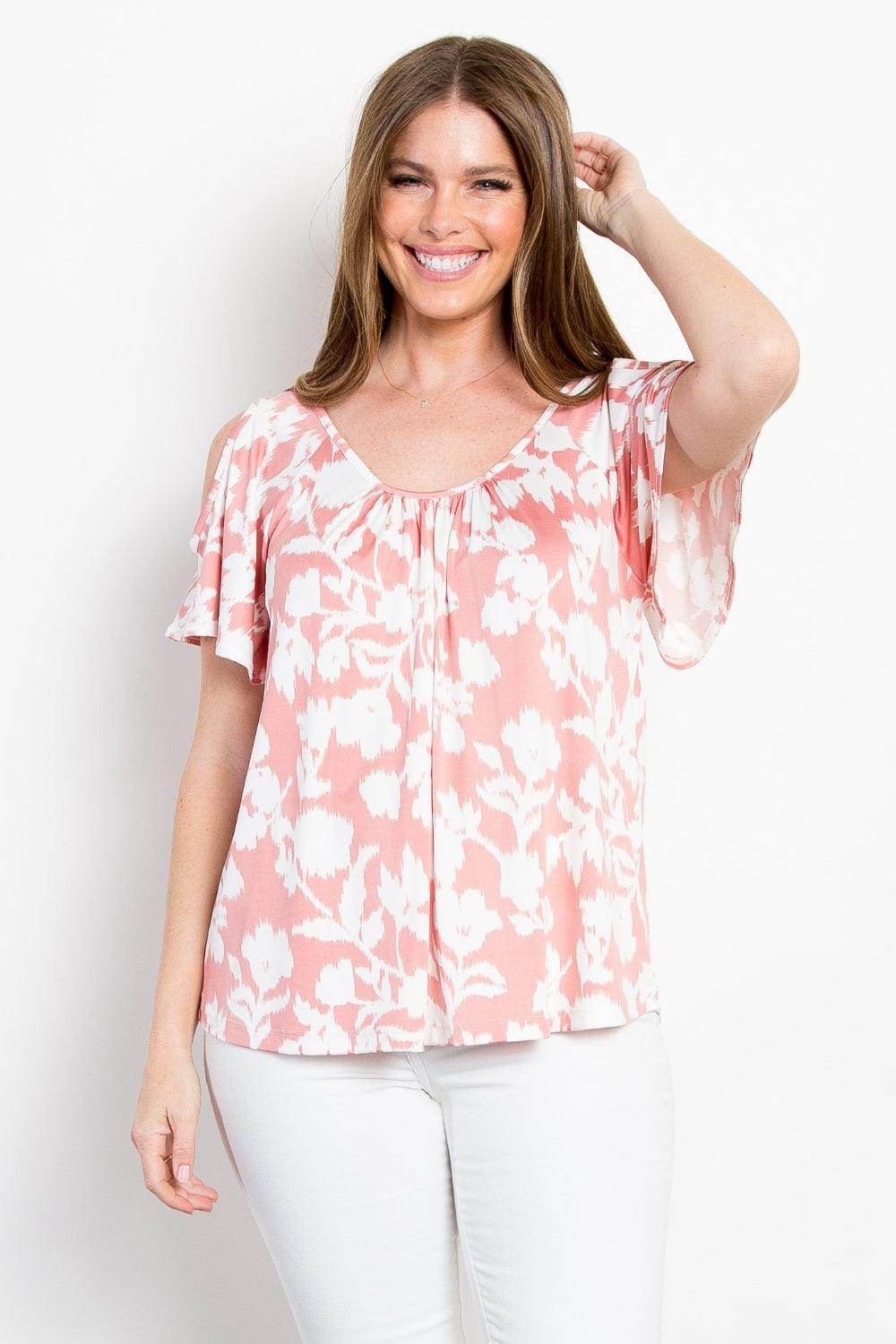 Be Stage Full Size Floral Cold Shoulder Top for Summer - Selvanelle