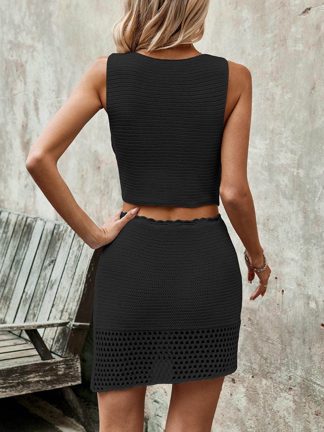 Button Up Sleeveless Top and Drawstring Skirt Set for Women - Selvanelle