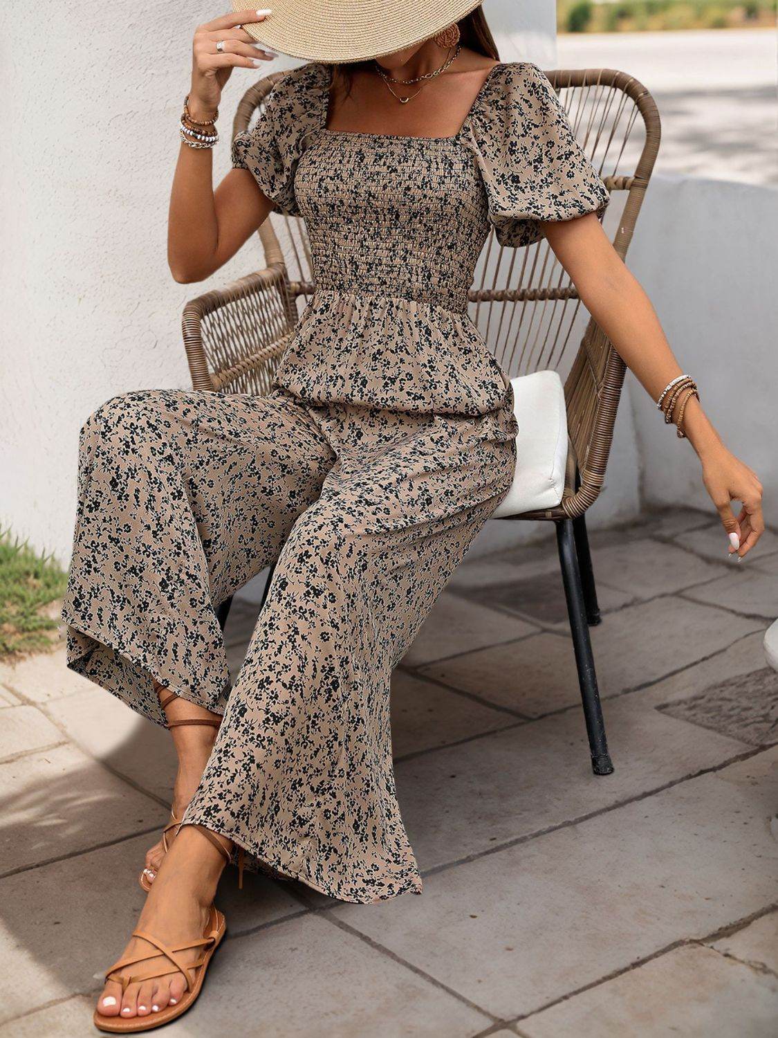 Perfee Smocked Printed Square Neck Puff Sleeve Jumpsuit - Selvanelle