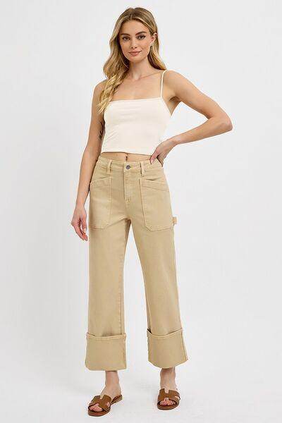RISEN Full Size High Rise Wide Straight Cuffed Patch Jeans Plus Size - Selvanelle