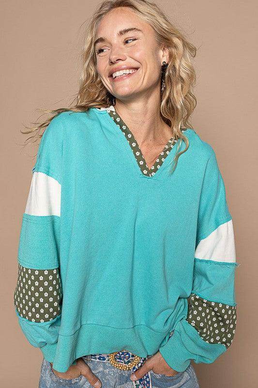 POL Exposed Seam Floral Patchwork French Terry Hoodie for Women - Selvanelle