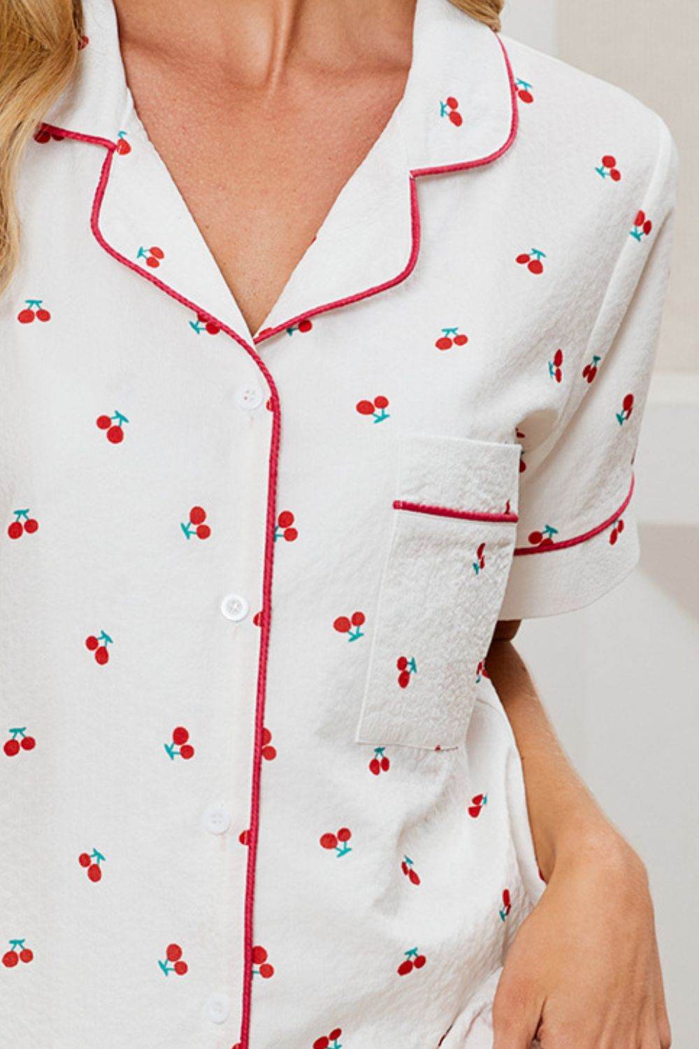 Cheery Print Collared Neck Top and Shorts Lounge Set - Selvanelle