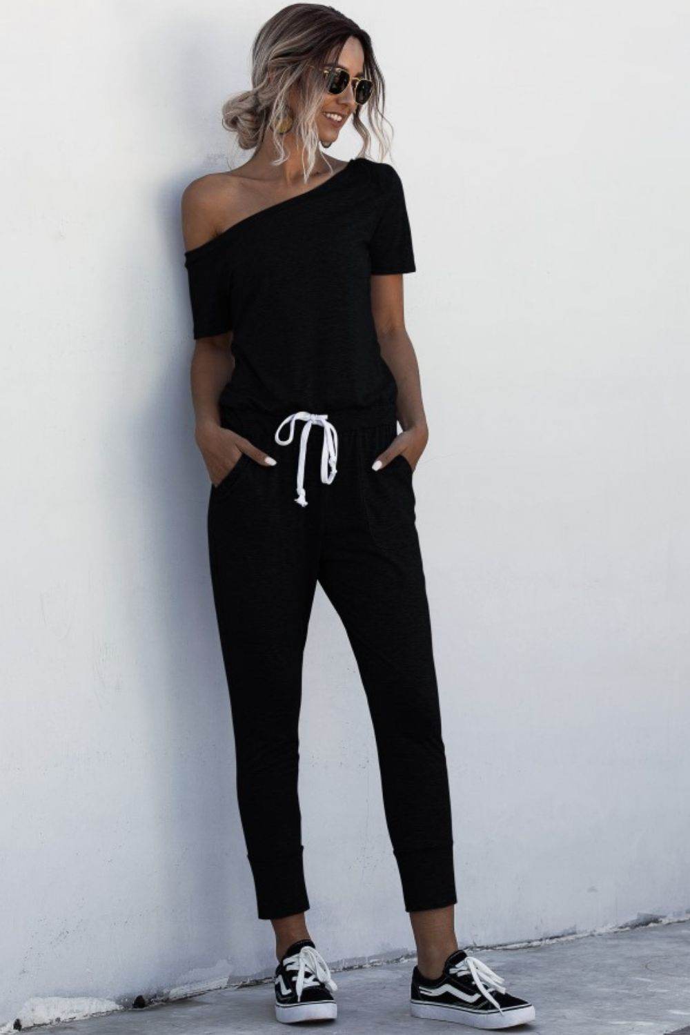 Asymmetrical Neck Tied Jumpsuit with Pockets - Selvanelle