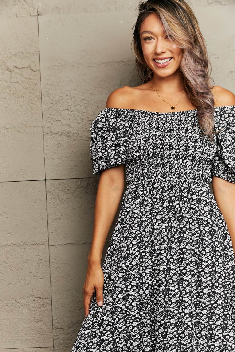 Perfee Floral Lace-Up Off-Shoulder Midi Dress - Selvanelle