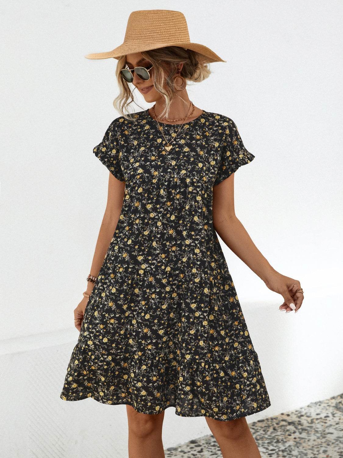 Frill Floral Round Neck Short Sleeve Tiered Dress - Selvanelle