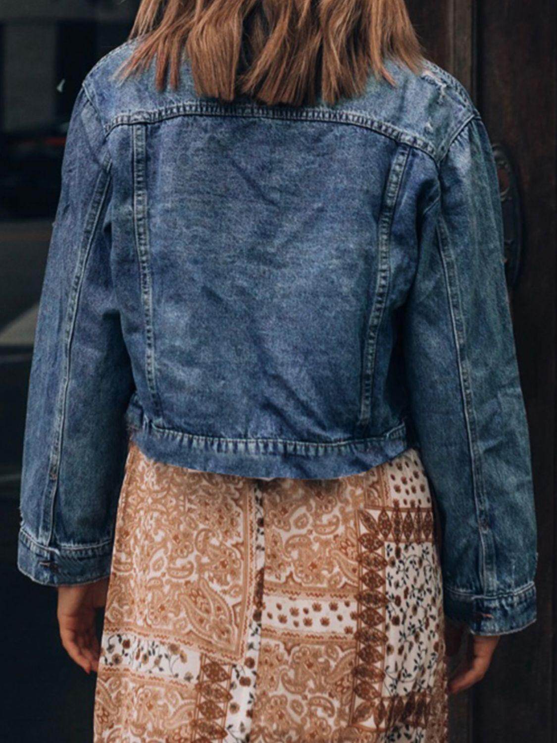 Button Up Collared Neck Distressed Denim Jacket for Women - Selvanelle