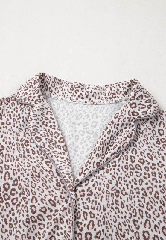 Leopard Button Down Long Sleeve Top and Pants Lounge Set - Selvanelle