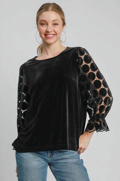 Umgee Polka Dot Lace Long Sleeve Round Neck Blouse Women - Selvanelle