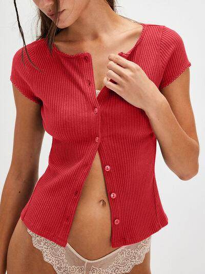 Lovelet Round Neck Button Up Short Sleeve Top for Women - Selvanelle