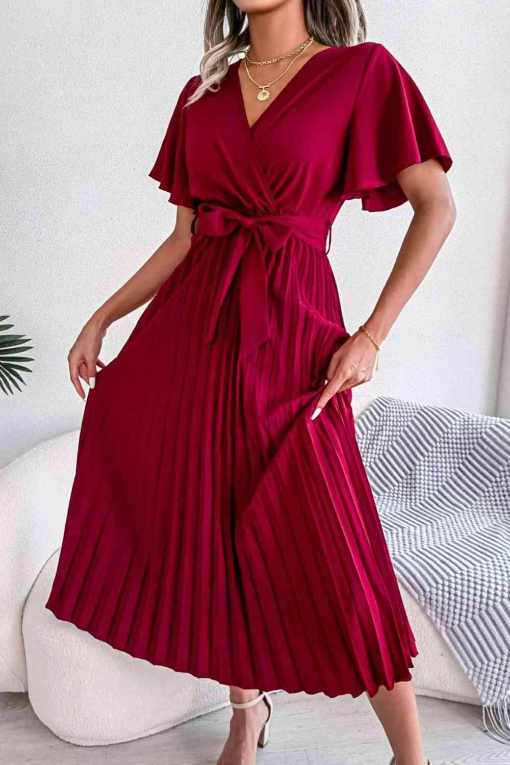 Pleated Flutter Sleeve Belted Dress for Casual Wear - Selvanelle