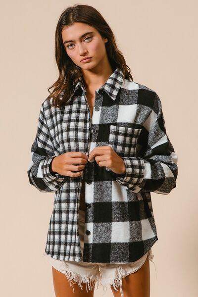 BiBi Plaid Fleece Button Down Long Sleeve Shirt for Women - Selvanelle