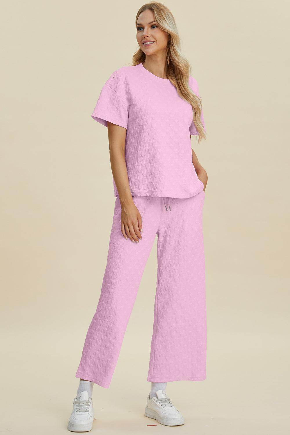 Double Take Full Size Texture Round Neck Top and Pants Set - Selvanelle