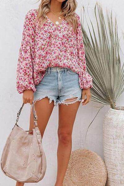 Printed Notched Long Sleeve Blouse for Stylish Looks - Selvanelle