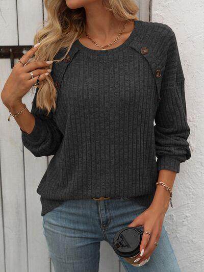 Mandy Decor Button Long Sleeve Ribbed T-Shirt for Women - Selvanelle