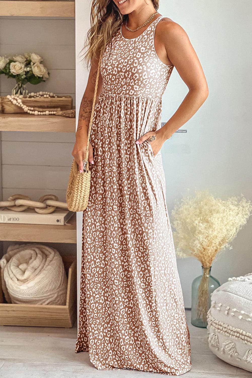 Leopard Round Neck Sleeveless Maxi Dress for Women - Selvanelle