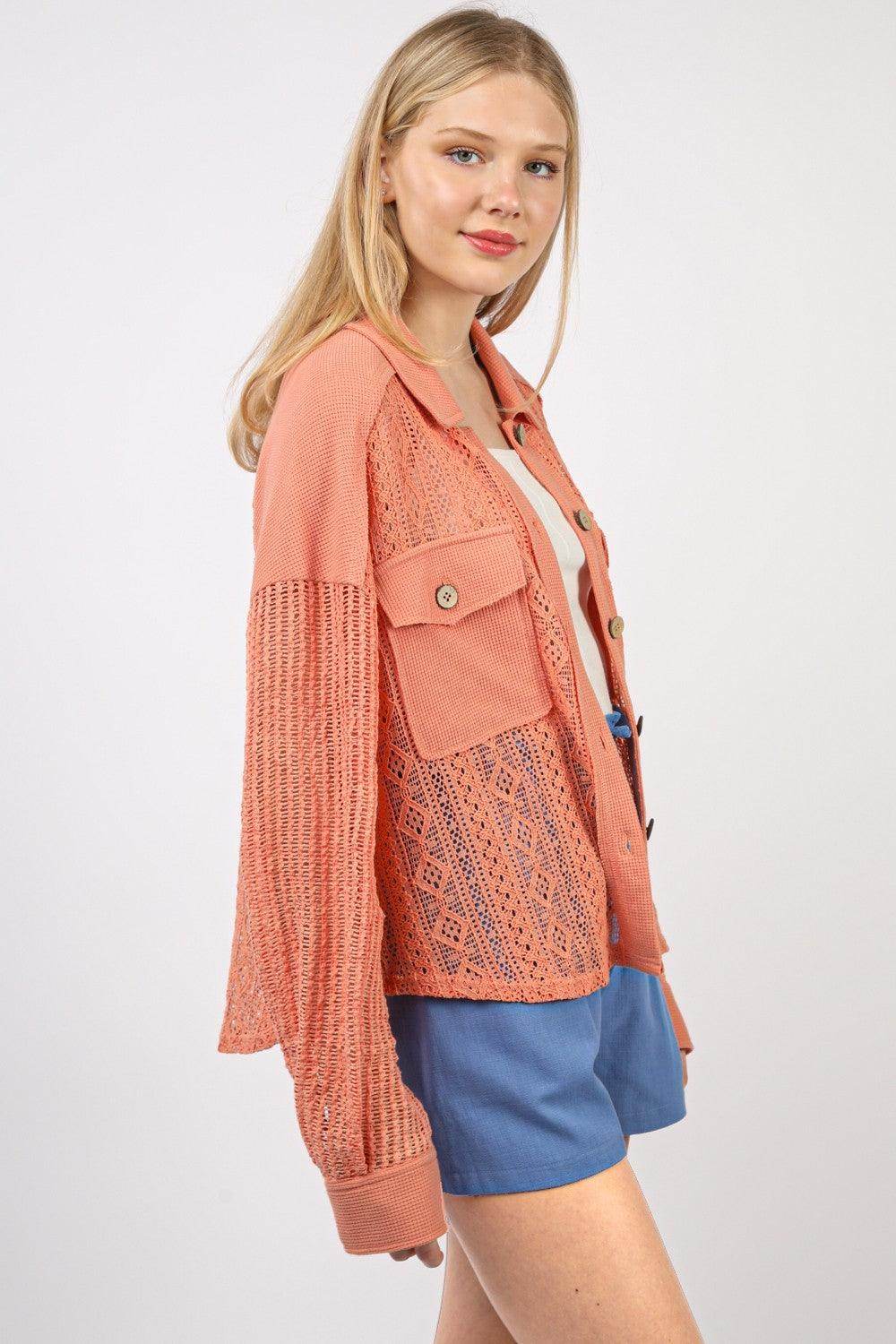 Very J Button Up Long Sleeve Lace Shirt for Women - Selvanelle