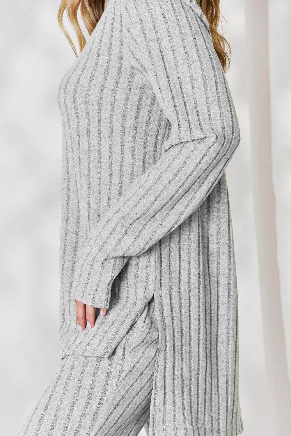 Basic Bae Full Size Ribbed High-Low Top and Wide Leg Pants Set - Selvanelle