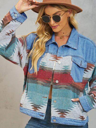 Geometric Button Up Dropped Shoulder Denim Jacket for Women - Selvanelle