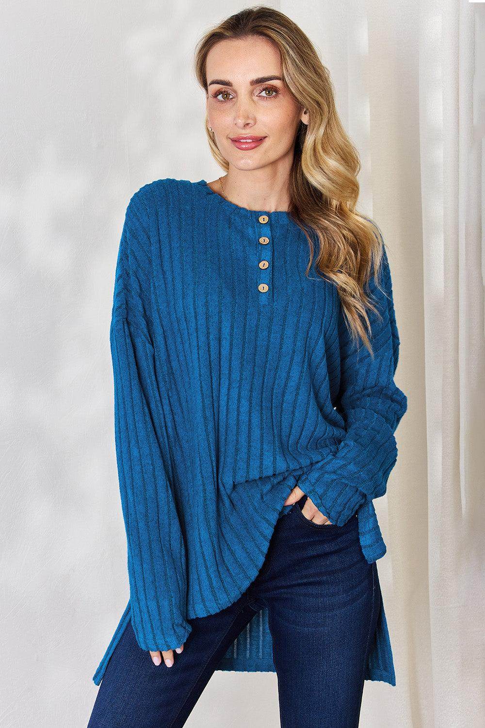 Basic Bae Full Size Ribbed Half Button Long Sleeve T-Shirt - Selvanelle