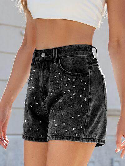 Rhinestone Washed High Waist Denim Shorts for Women - Selvanelle