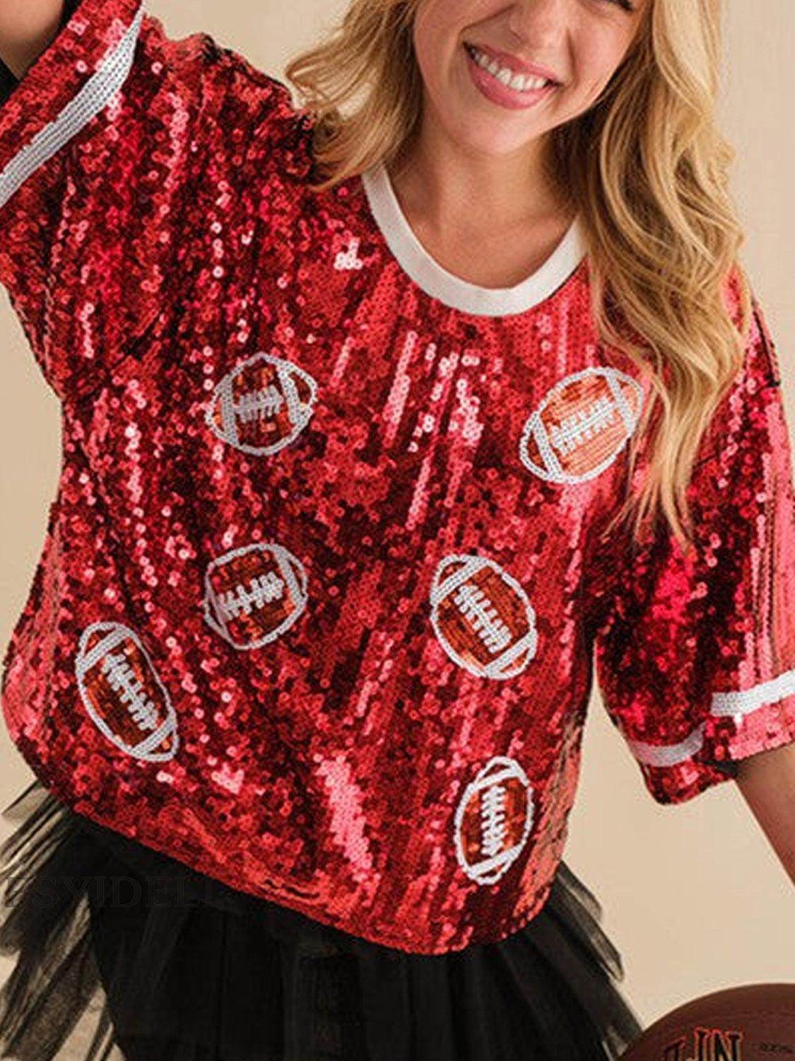 Sequin Football Round Neck Half Sleeve Top for Women - Selvanelle