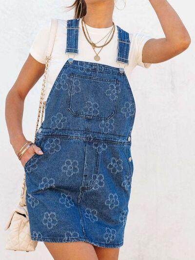Flower Wide Strap Denim Overall Dress with Pockets for Women - Selvanelle
