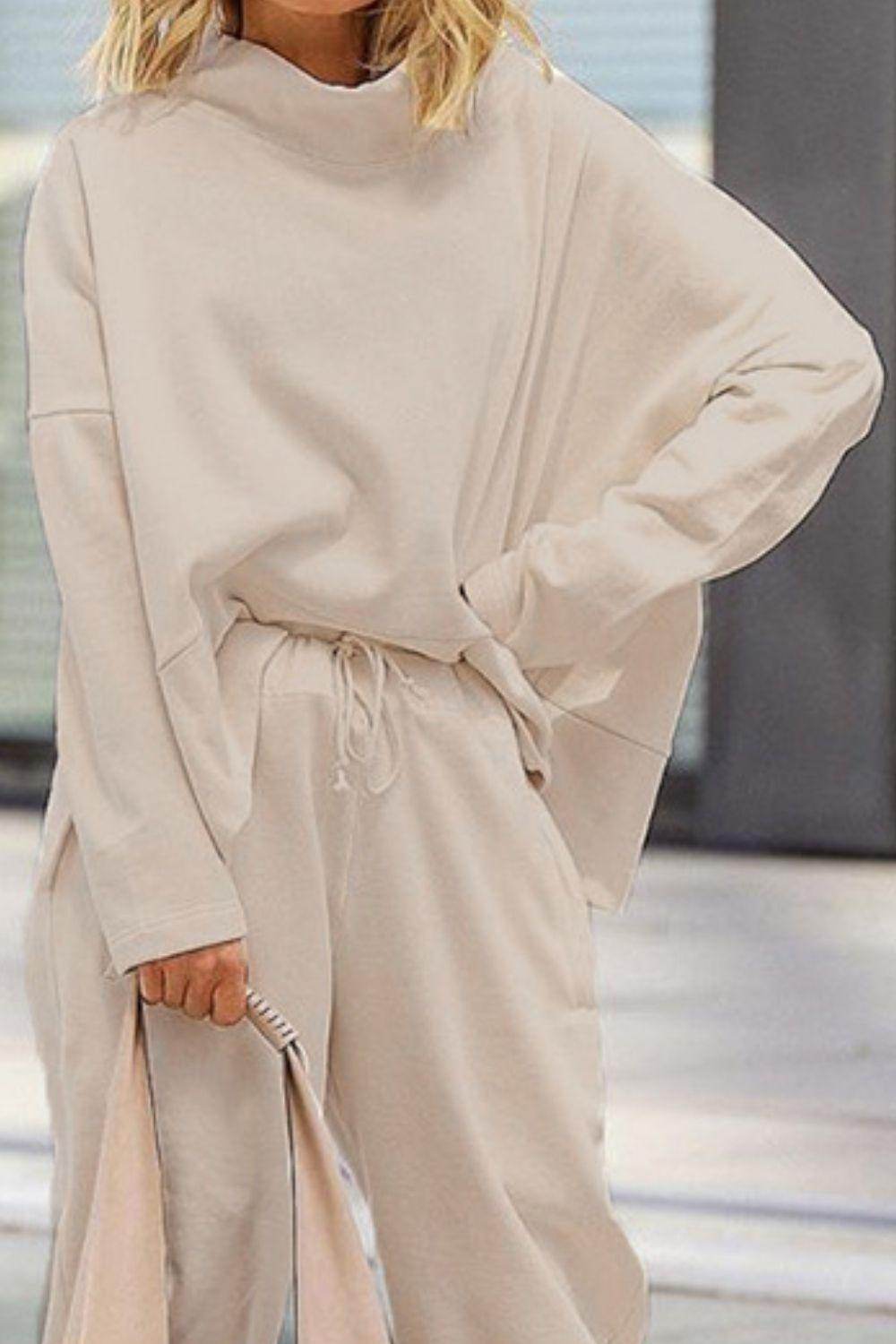 Mock Neck Drop Shoulder Top and Pants Set for Women - Selvanelle
