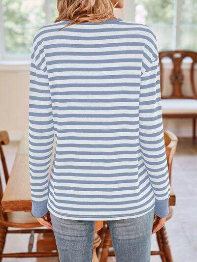 Lovelet Striped Round Neck Long Sleeve T-Shirt for Women - Selvanelle