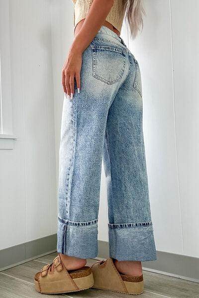 Washed Wide Leg Jeans with Pockets for Trendy Comfort - Selvanelle