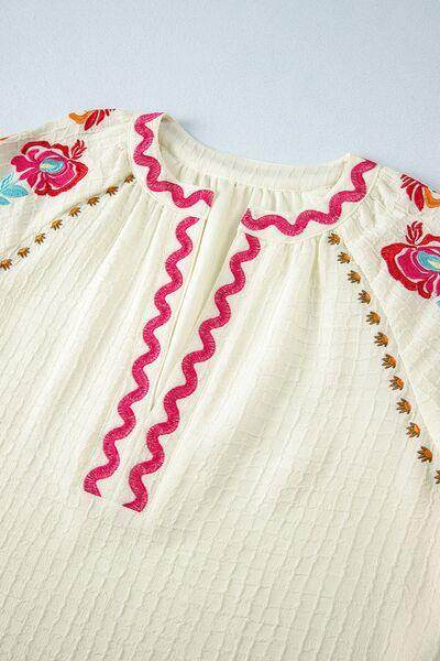 Floral Embroidered Notched Puff Sleeve Blouse for Women - Selvanelle