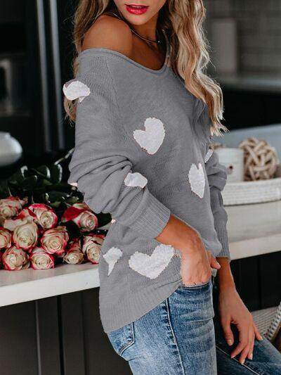 Heart Scoop Neck Long Sleeve Sweater for Women Cozy Style - Selvanelle