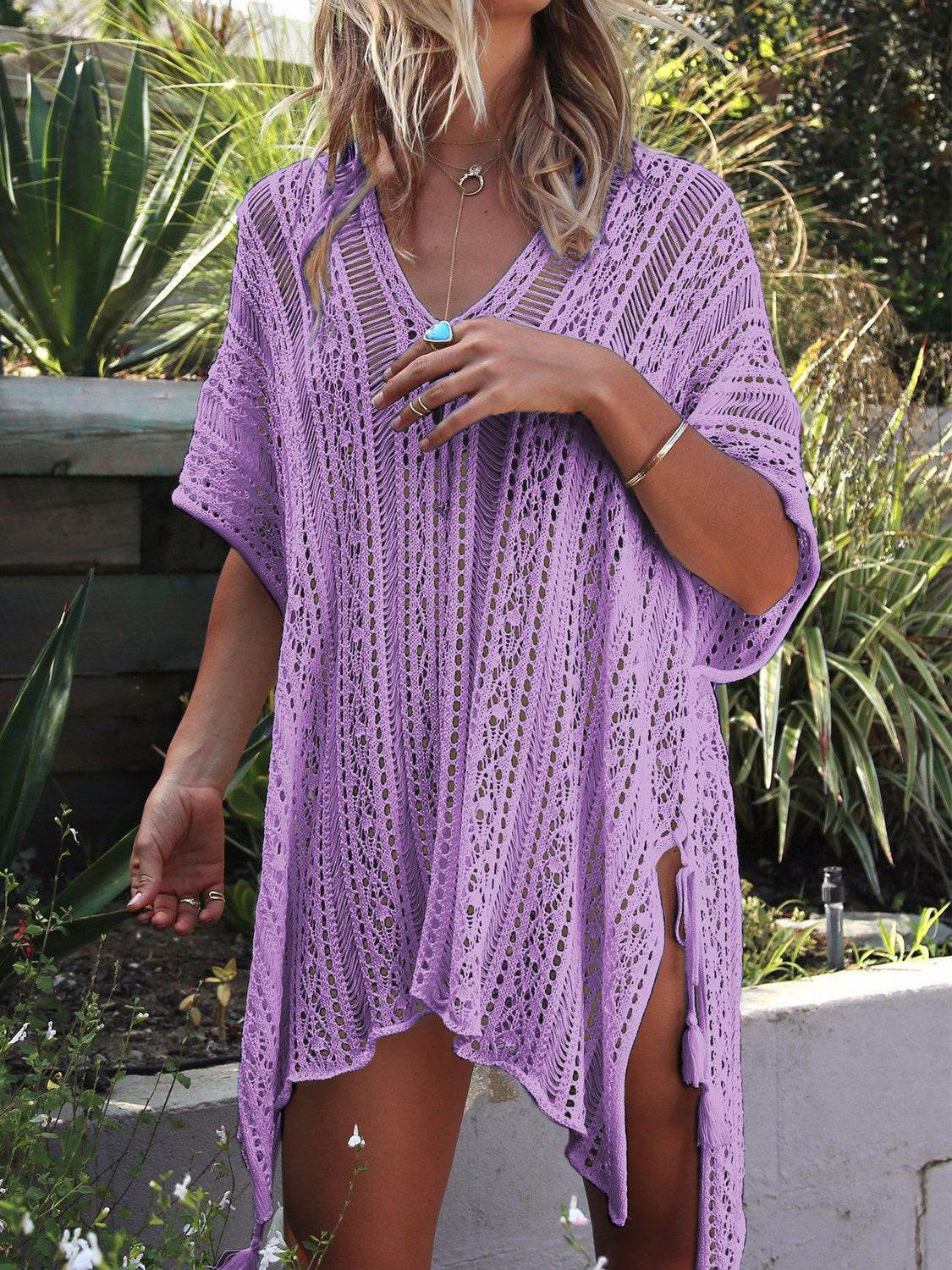 Angel Wings Cutout V-Neck Cover-Up with Tassel - Selvanelle