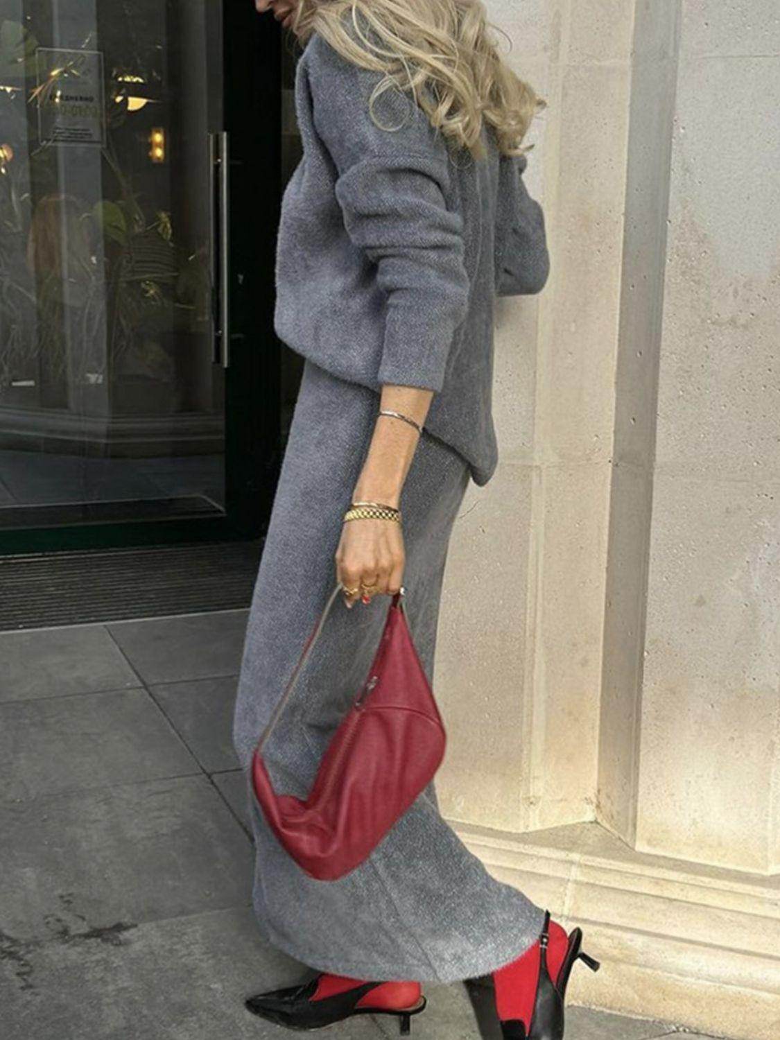 Round Neck Dropped Shoulder Top and Midi Skirt Sweater Set - Selvanelle