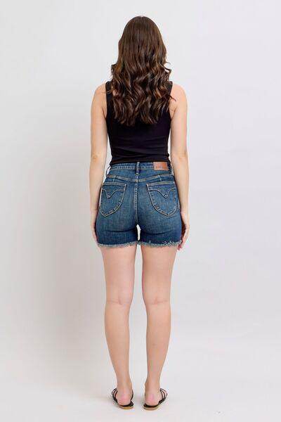 Judy Blue Tummy Control Fray Hem Denim Shorts for Women - Selvanelle