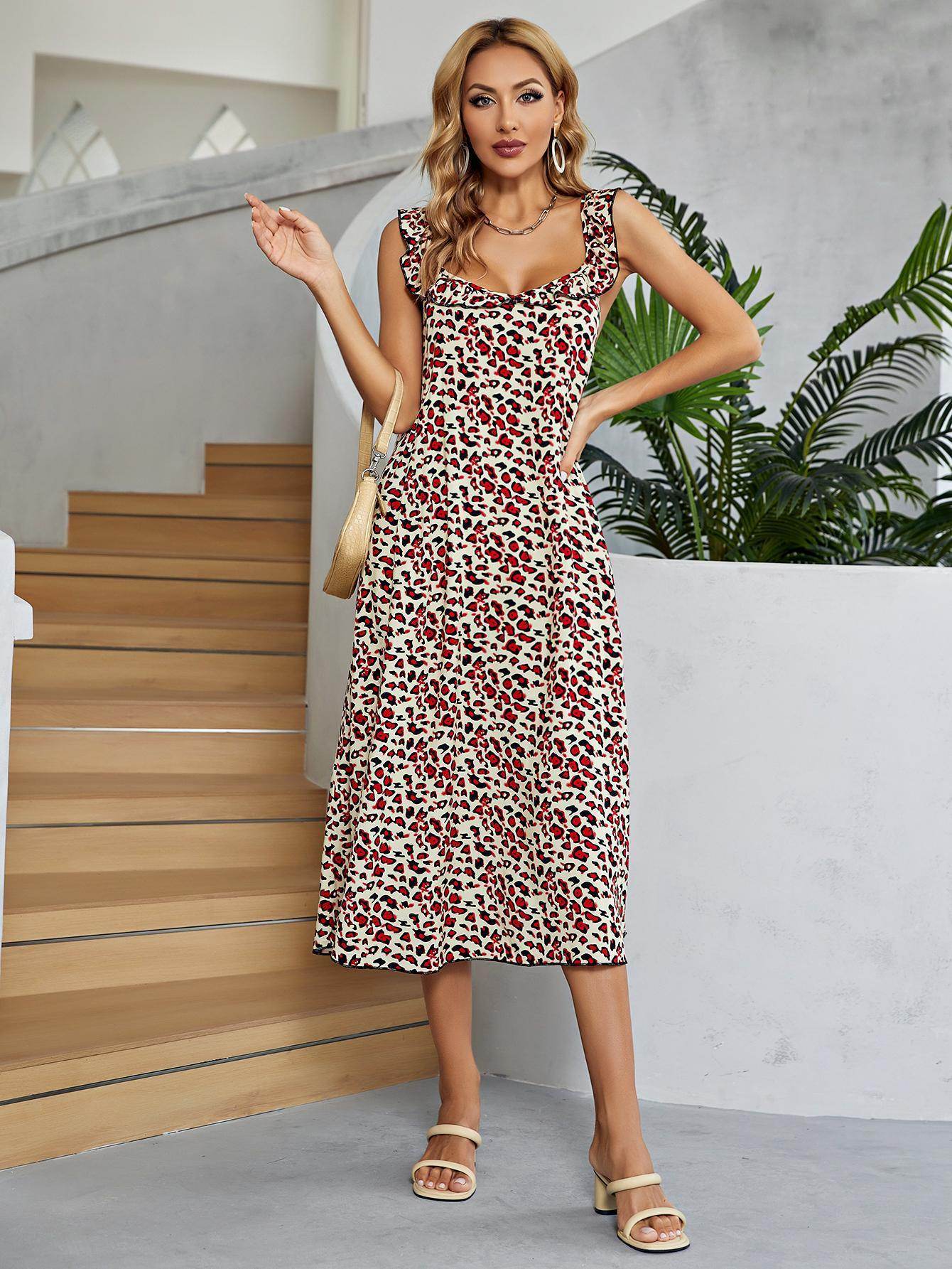 Printed Ruffled Sleeveless Midi Dress for Chic Style - Selvanelle