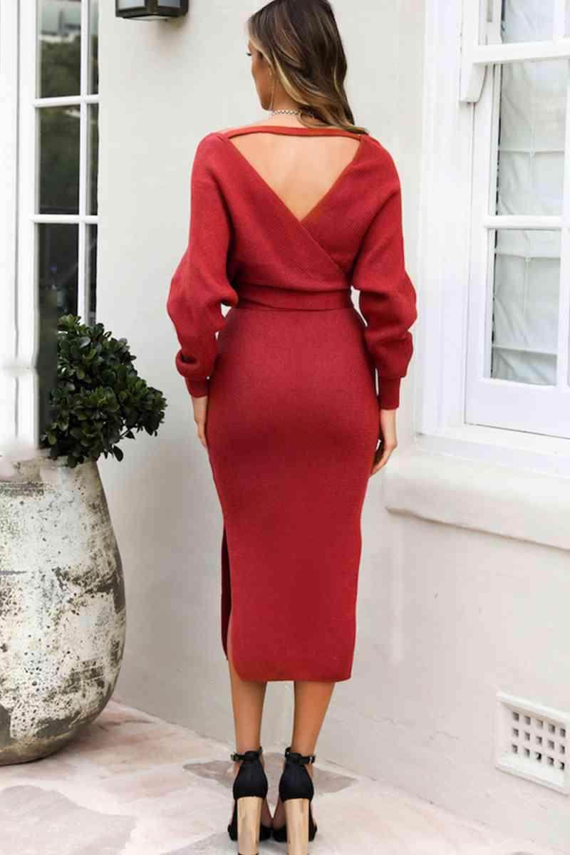 Surplice Neck Bow Waist Slit Sweater Dress for Women - Selvanelle