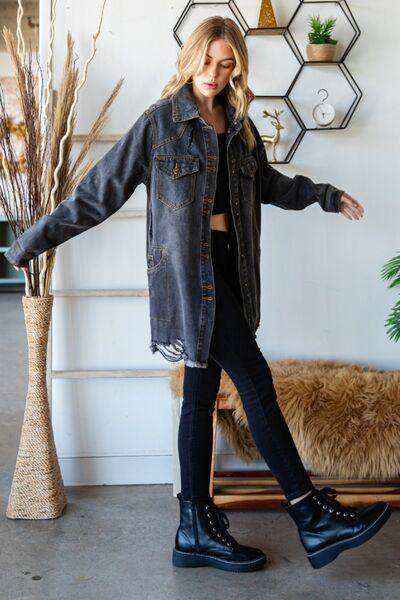 Veveret Button Up Distressed Frayed Hem Denim Jacket for Women - Selvanelle