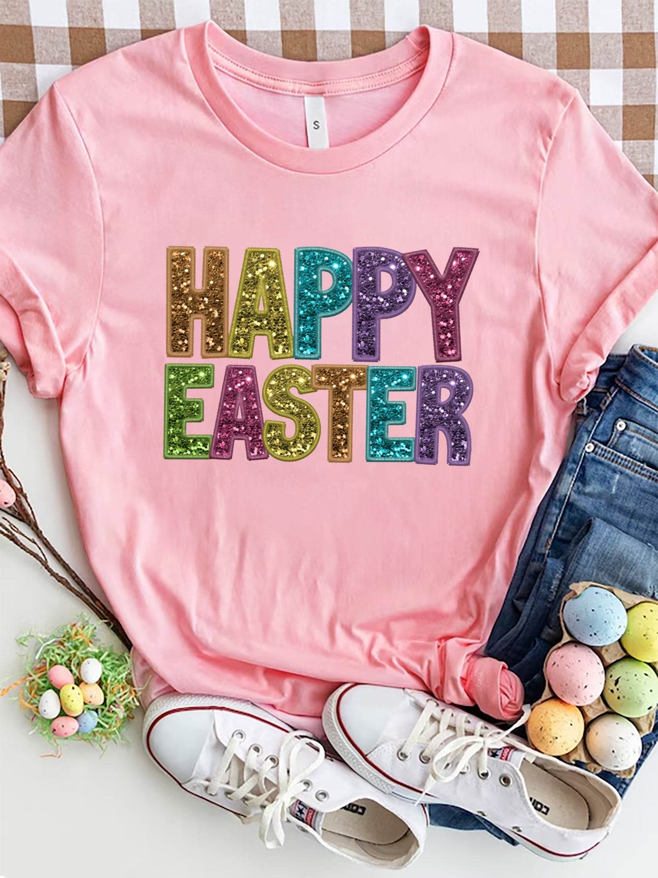 HAPPY EASTER Round Neck Short Sleeve T-Shirt - Selvanelle